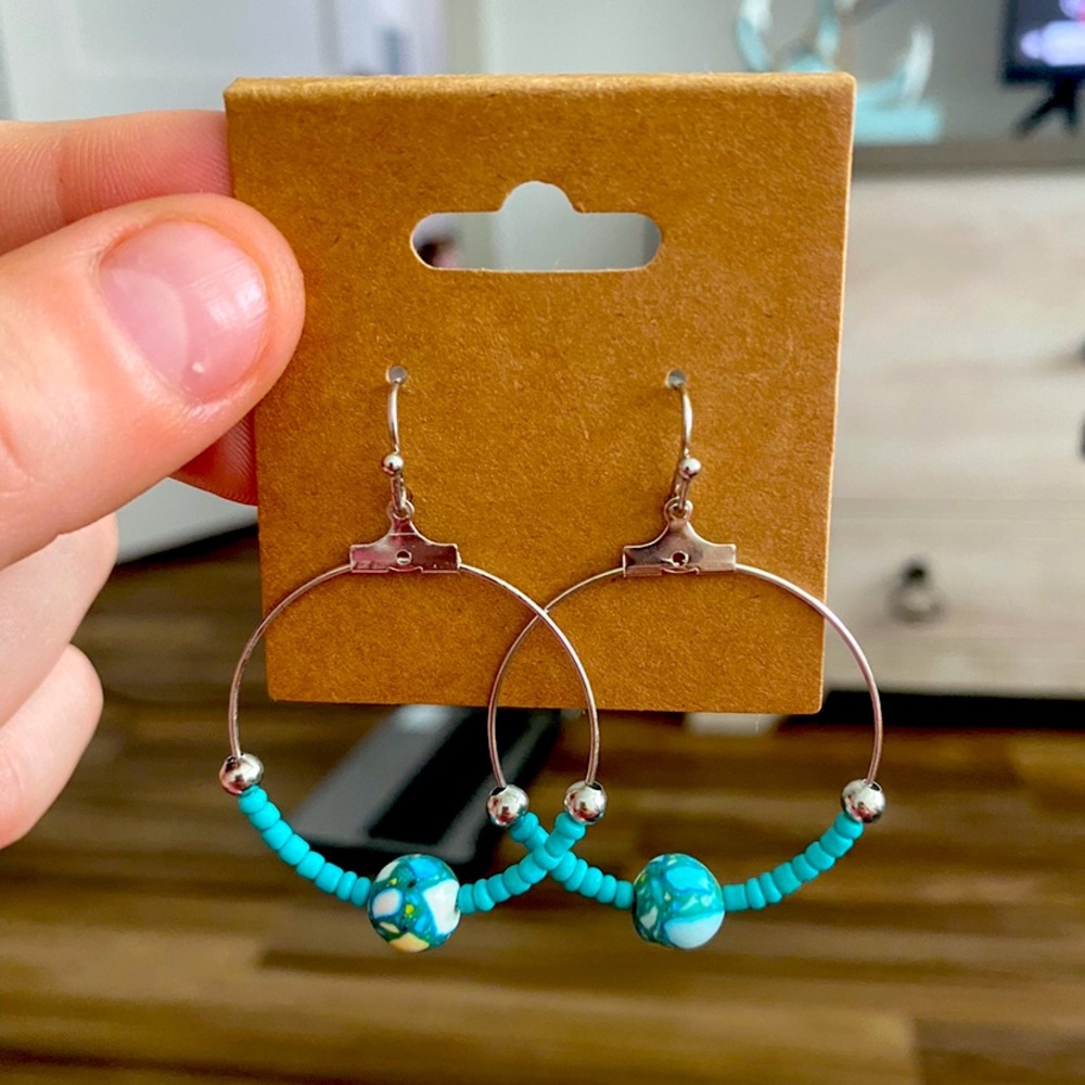 Silver hoops with Turquoise beads and center large turquoise bead